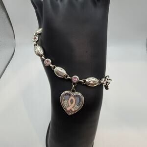 Brighton Breast Cancer Awareness Ribbon Single Heart Charm Bracelet Pink 8"